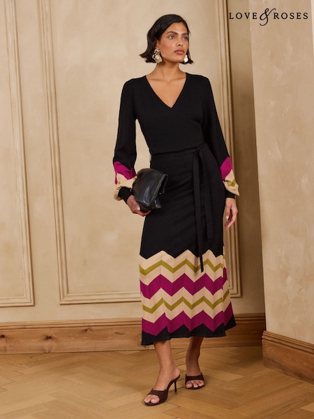 Black - Love & Roses Wrap Front Zig Zag Striped Knitted Midi Dress