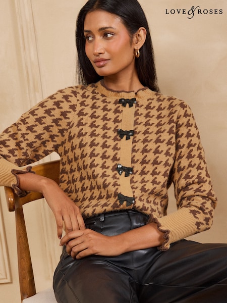 Camel Houndstooth Print - Love & Roses Frilled Neck Bow Detail Knitted Cardigan