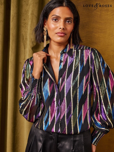 Black - Love & Roses Metallic Button Through Long Sleeve Shirt