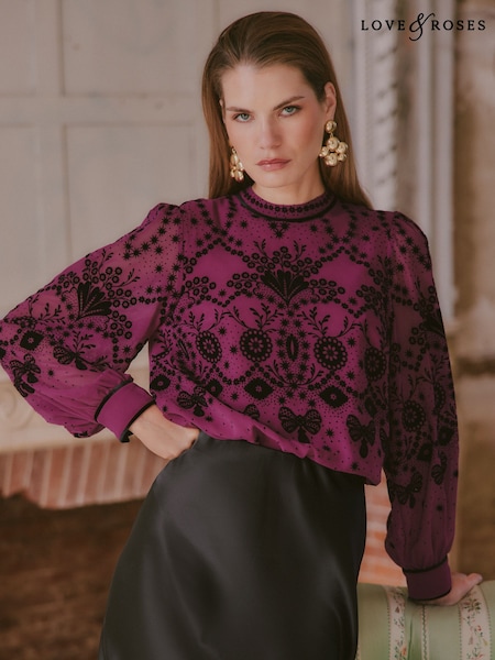 Fuchsia Pink - Love & Roses Flocked Bow Blouse