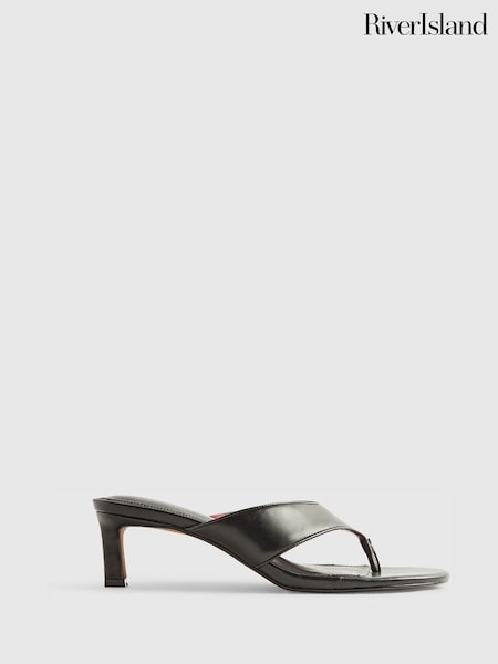Black - River Island Toe Thong Mule Heeled Sandals