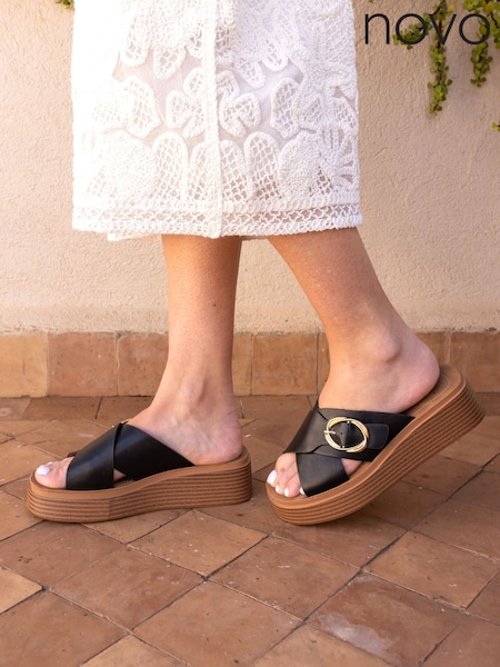 Negru - Novo Thea Flatform Buckle Detail Mule Sandals