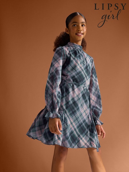 Blue - Lipsy Chiffon Long Sleeve Check Dress (5-16yrs)