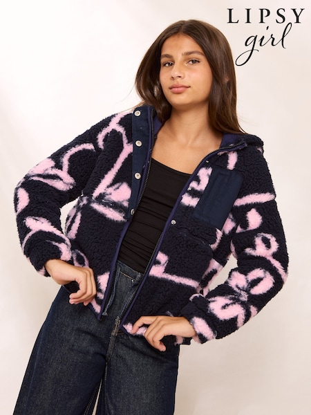 Azul marino/rosa - Lipsy Soft Touch Zip Up Hooded Borg Fleece Jacket (5-14yrs)