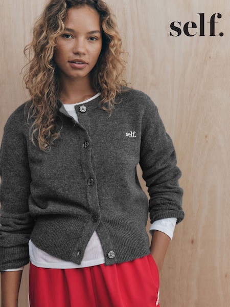 Charcoal Grey - Self. Knitted Collarless Cardigan