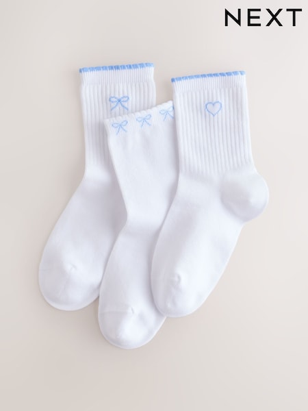 White and Blue - Cotton Rich Ribbed Ankle Socks 3 Pack