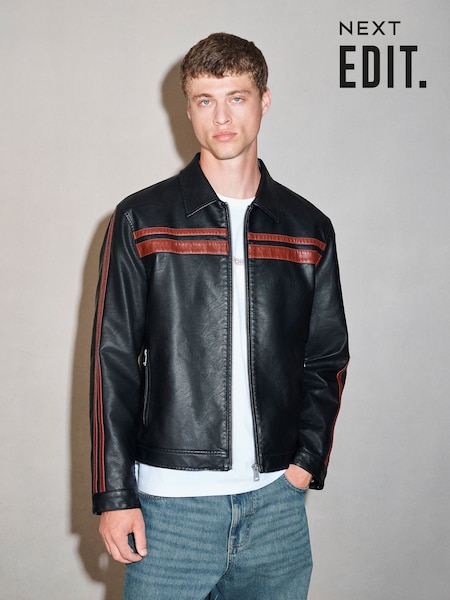 Negro - Regular Edit Stripe Detail Faux Leather Collared Jacket