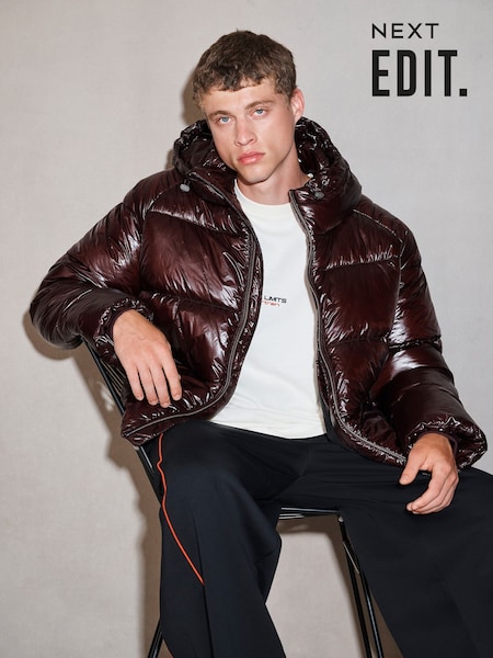 Burgundija Crveno - Regular Edit High Shine Hooded Puffer Jacket