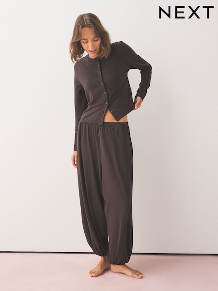 Chocolate Brown - Jersey Balloon Leg Button Through Long Sleeve Pyjamas