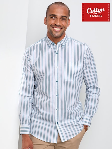 Green Stripe - Regular Cotton Traders Long Sleeve Classic Poplin Shirt