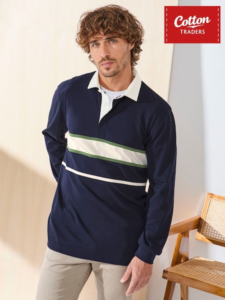 Blau - Regular Cotton Traders Signature Long Sleeve Panelled Rugby Shirt
