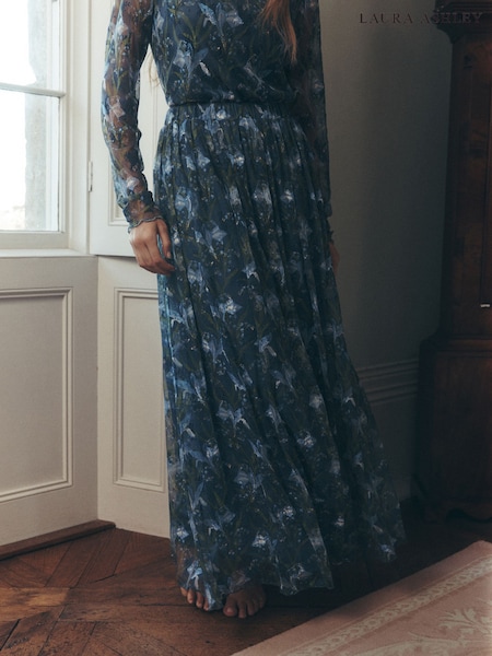 Blue - Laura Ashley Zaylie Floral Print Mesh Overlay Midi Skirt
