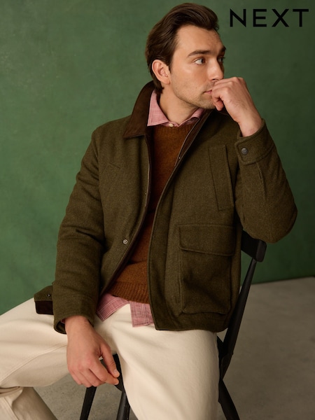 綠色 - Regular Wool Blend Herringbone Jacket With Cord Collar