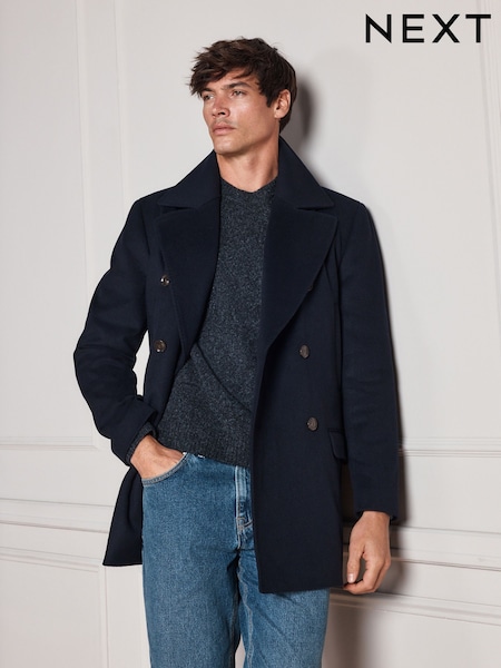 Navy - Regular Signature Quilted Wool Peacoat With Cashmere