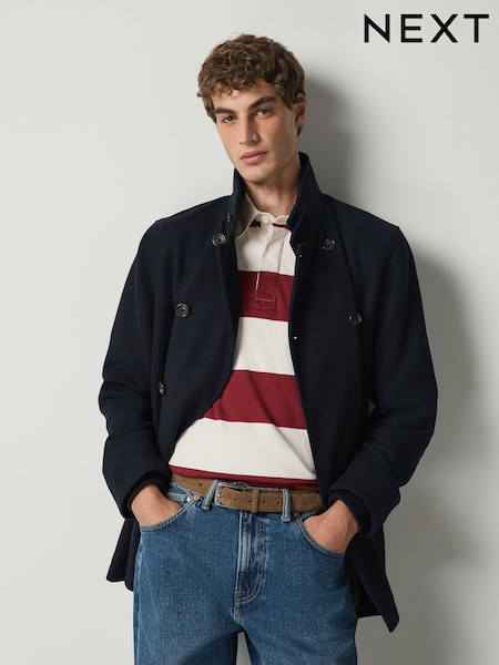 Navy - Regular Wool Blend Textured Funnel Neck Drummer Coat