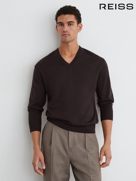 Marrón amargo - Regular Reiss Earlsfield Merino Wool V-neck Jumper