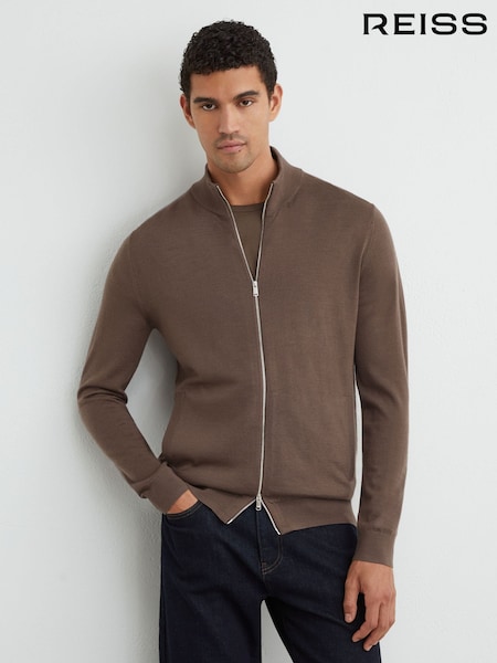 Ridge Brown - Regular Reiss Hampshire Merino Wool Funnel-neck Zipped Cardigan