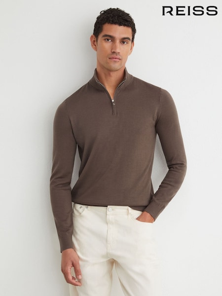 Ridge Brown - Regular Reiss Blackhall Merino Wool Half-zip Funnel-neck Jumper