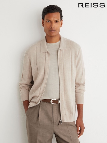 Oatmeal - Regular Reiss Martindale Wool Check-textured Zip-through Cardigan