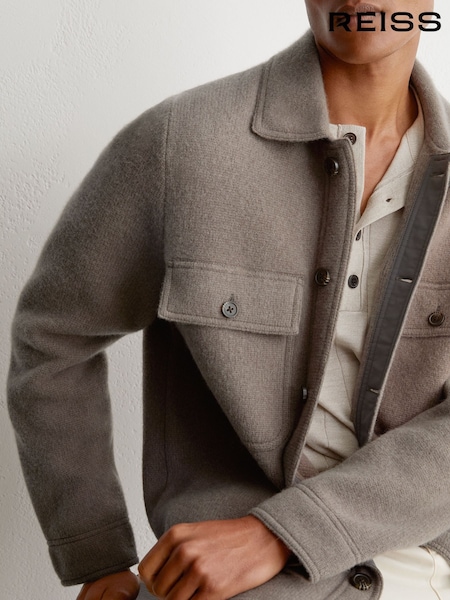 Taupe Brown - Regular Reiss Banstead Brushed Wool Button-through Relaxed Overshirt