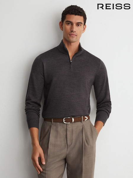 Dark Wicker Brown - Regular Reiss Blackhall Merino Wool Half-zip Funnel-neck Jumper
