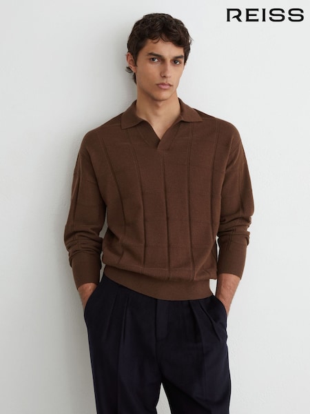 Tobacco Brown - Regular Reiss Compton Wool Square-textured Open-collar Polo Jumper