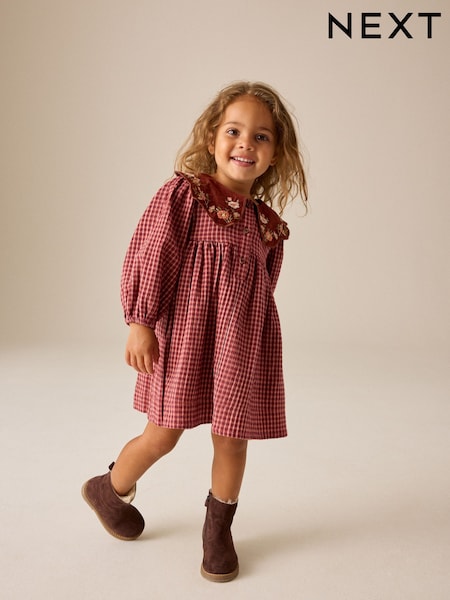Chocolate Brown - Cord Collar Check Long Sleeve Dress (3mths-8yrs)