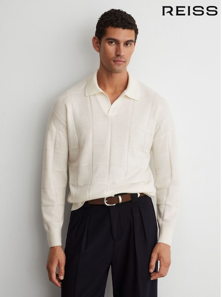 Ақ - Regular Reiss Compton Wool Square-textured Open-collar Polo Jumper