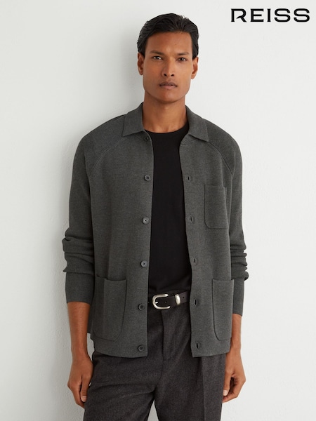 Gris carbón - Regular Reiss Fitzwilliam Rib-knit Detail Button-through Cardigan