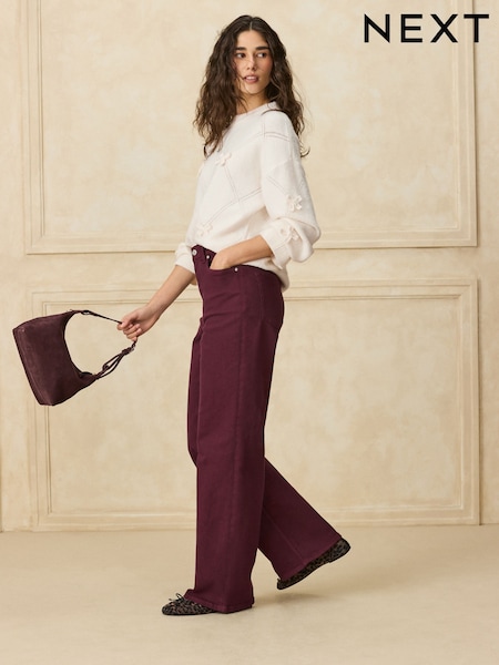 Burgundy Red - High Rise Stretch Wide Leg Jeans