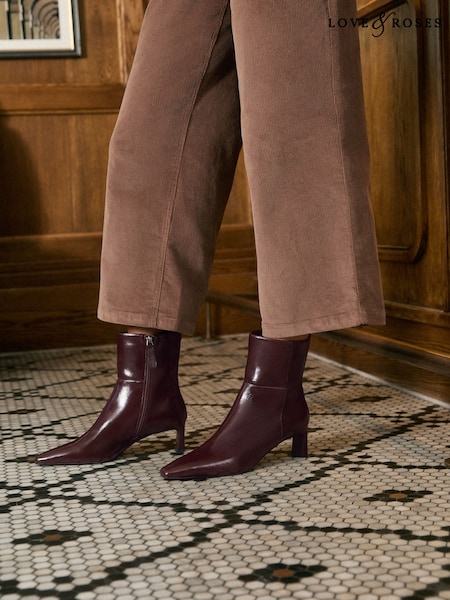 Burgundy Red - Love & Roses Faux Leather Mid Heeled Ankle Boots