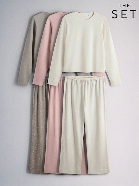 Pink/Taupe Stripe/Cream - The Set 3 Pack Long Sleeve Cotton Pyjamas