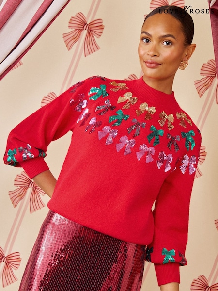 Röd - Love & Roses Sequin Bow Detail Funnel Neck Christmas Knitted Jumper