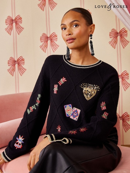 Black - Love & Roses Lucky Embroidered Detail Crew Neck Sparkle Detail Knitted Jumper
