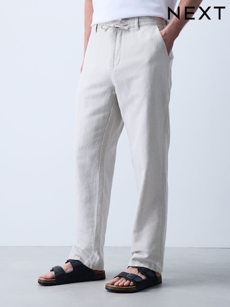 Navy/Grey - Slim Fit Linen Blend Twill Trousers 2 Pack