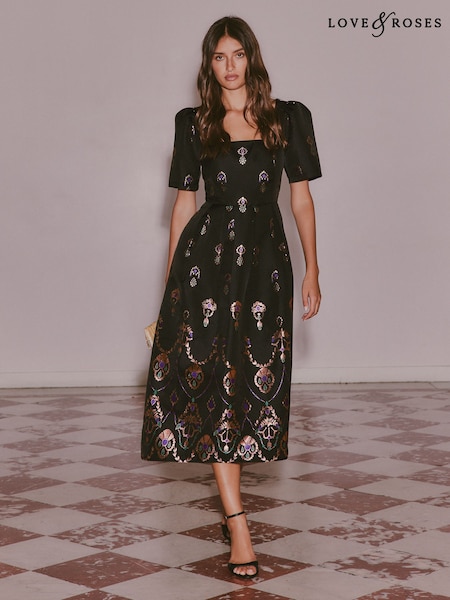 Black - Love & Roses Metallic Jacquard Square Neck Midi Dress