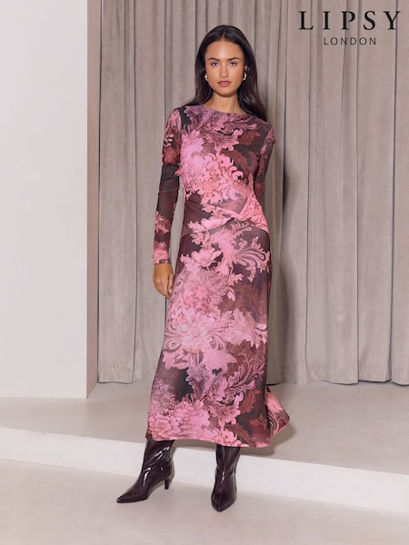 Impression florale rose - Robe mi-long Lipsy en jersey et maille à manches longues