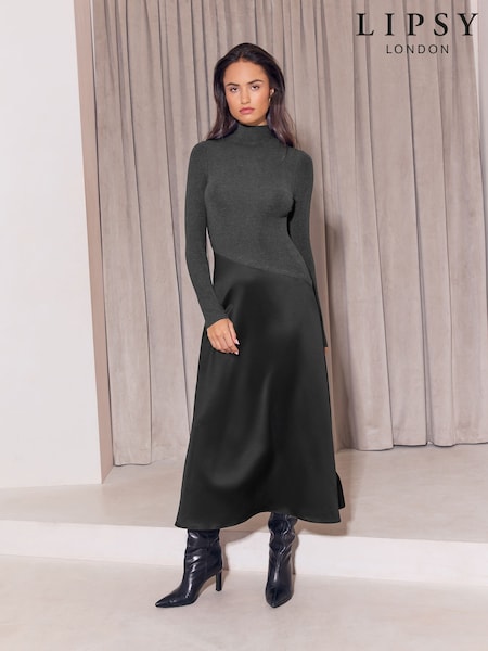 Grey - Lipsy Cosy High Neck 2 In 1 Satin Dropped Asym Waist Midi Dress