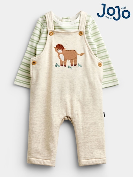 Oat Marl Highland Cow - Jojo Maman Bébé Appliqué Dungaree Set