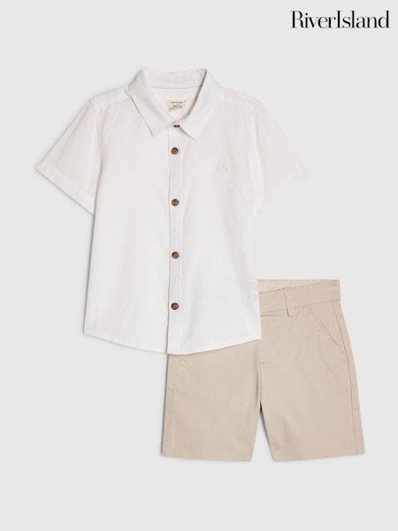 White - River Island Short Sleeve Smart Shirt & Chino Shorts Set