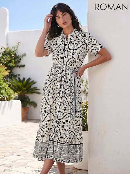 White - Roman Border Print Shirt Dress