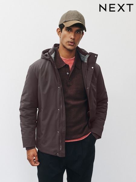 بني - Regular Showerproof Hooded Coat With Brushed Lining