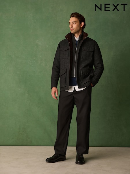 Charcoal Grey - Regular Wool Blend Four Pocket Funnel Neck Coat