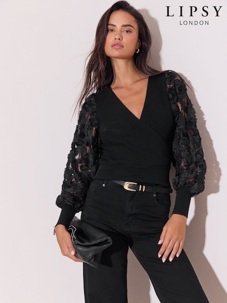 Schwarz - Lipsy 3d Flower Sheer Sleece Knitted Cardigan