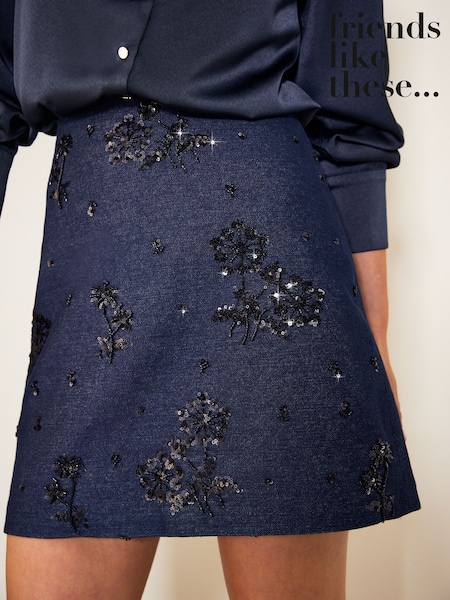 Rinse Wash - Friends Like These Floral Embellished A Line Denim Mini Skirt