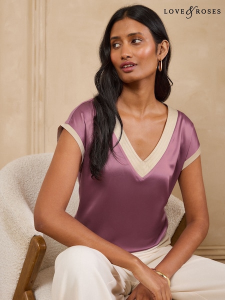 深紫色 - Love & Roses V-neck Satin Front Jersey Back T-shirt