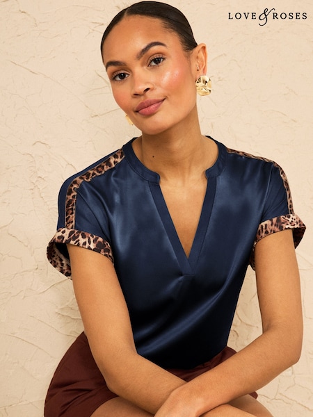 Navy Blue - Love & Roses Notch Neck Satin Front Jersey T-shirt