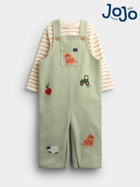 Sage Green - Jojo Maman Bébé Cross Stitch Farm Dungaree Set