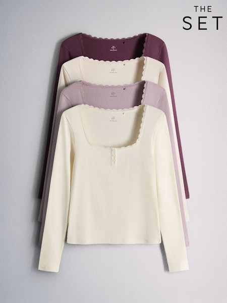 Bordowy - The Set 4 Pack Lace Henley Long Sleeve T-shirts