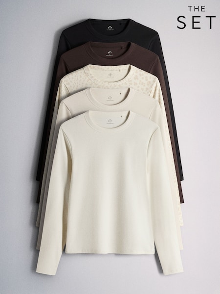 Brun/Cream - The Set 5 Paket Ribbed Långärmat T-shirt